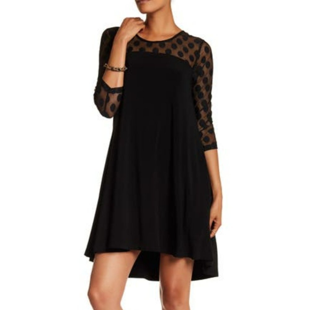 Nina Leonard Polka Dot Sexy Chiffon Top Sleeve Swing Dress Sz Med
